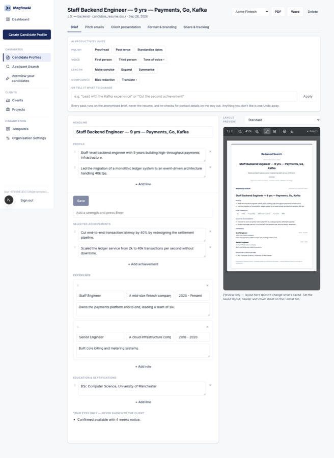 Live brief editor with PDF preview